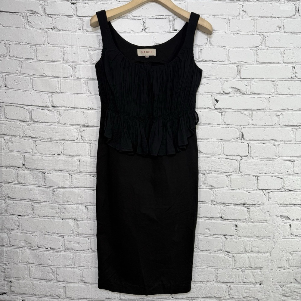 Hache Women's Black Sleeveless Sheath Dress Size 40‎ US 4 Linen Blend Ruffle Top